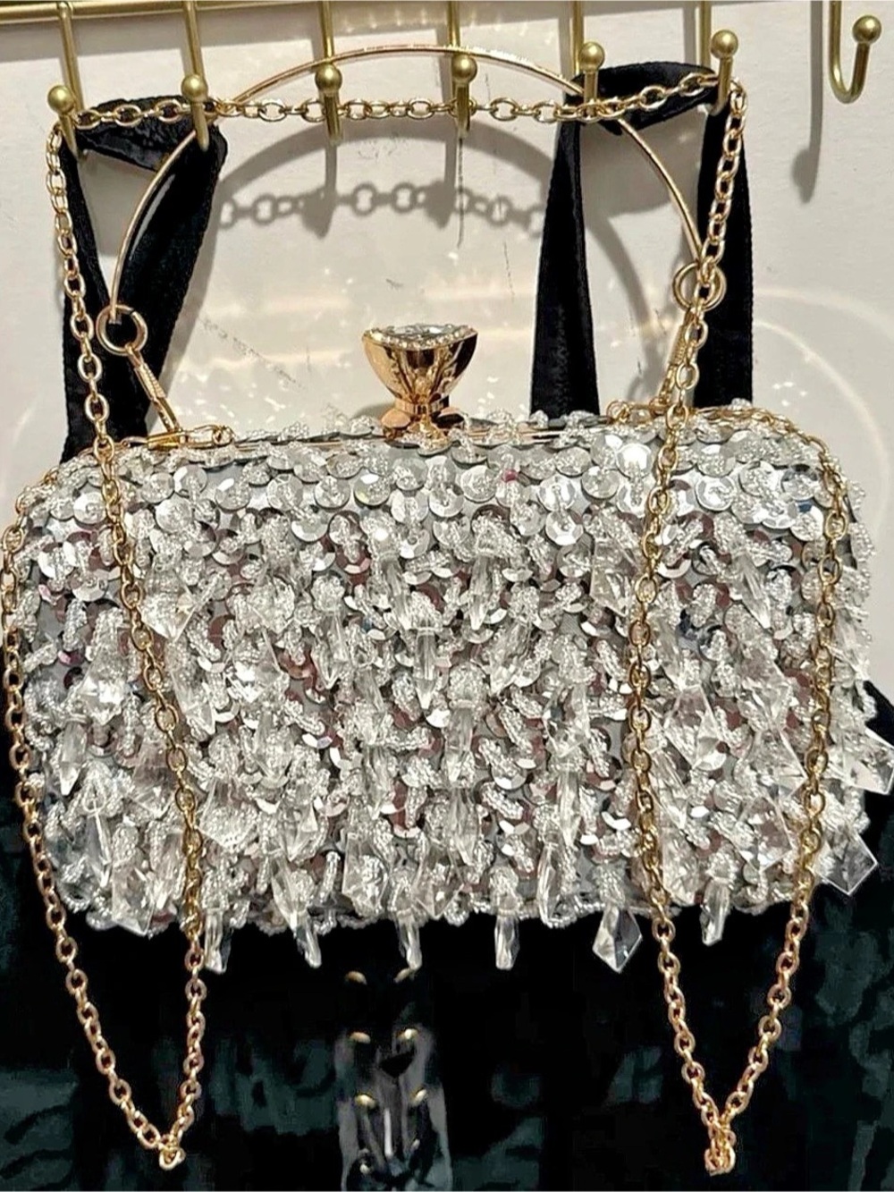 Multiway Formal Beaded Clamshell Clutch with Shoulder Chain
